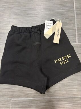 Essentials Kids Black Shorts with Gold 'Fear of God State' Logo